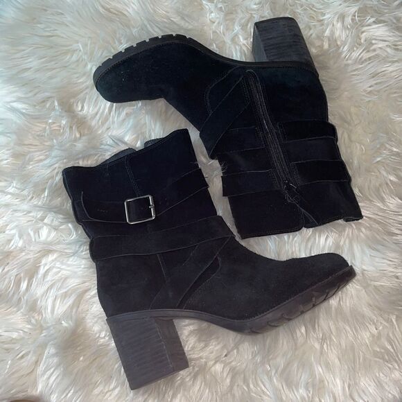 Clarks Artisan Black Suede Malvet Doris Heeled Mid Calf Boots